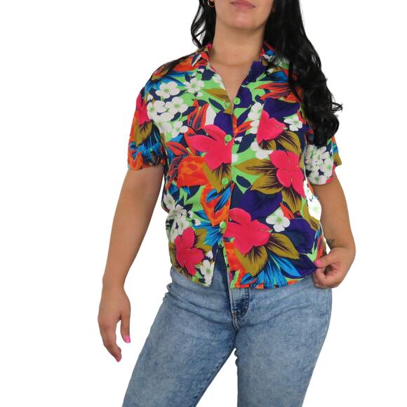 1990s Vintage Hawaiian Tropical Rainbow Floral Button Down Blouse Medium - Picture 4 of 6